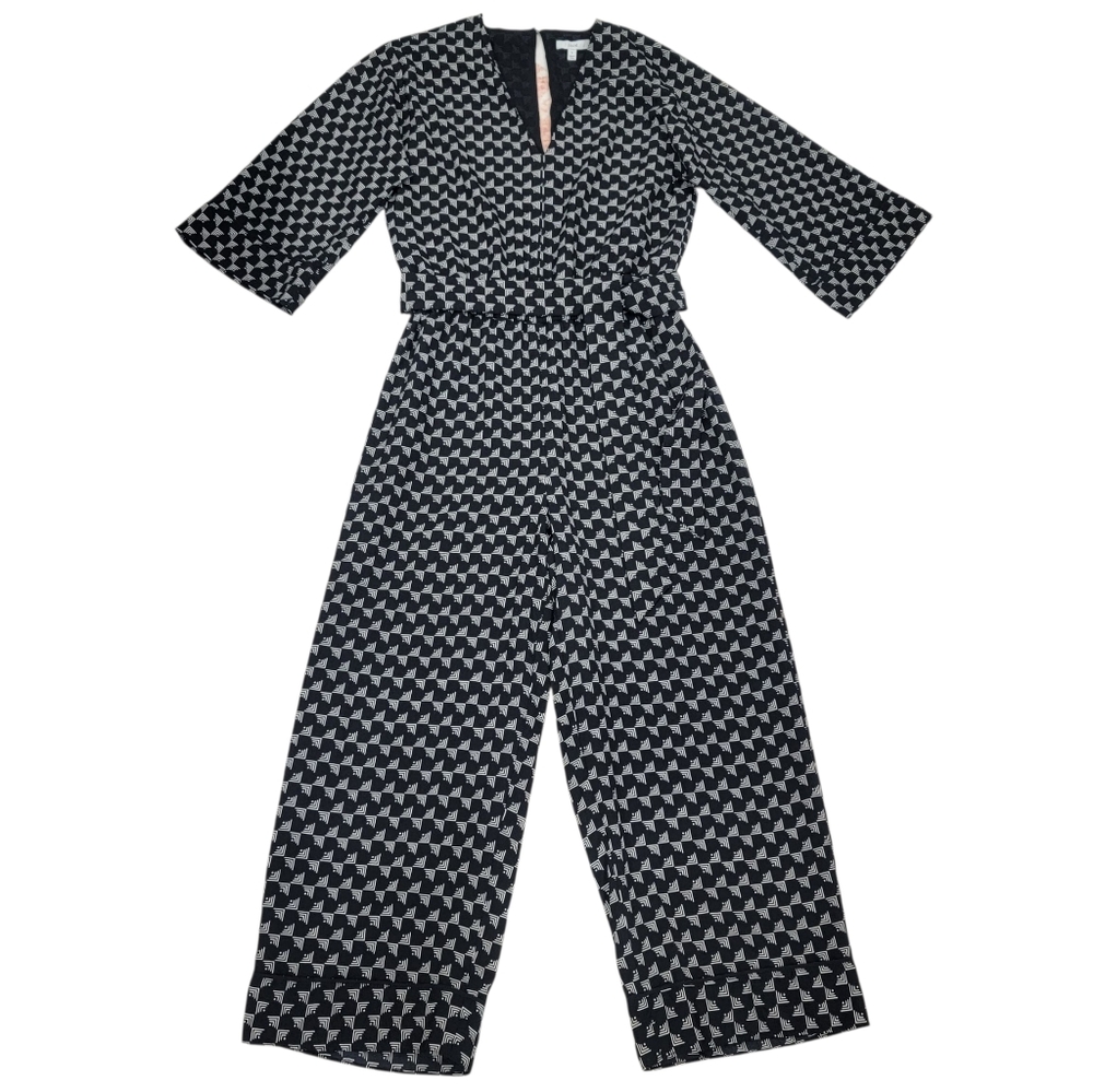 Joie Burgess Jumpsuit Black Wide Leg Cropped Geometric Print Belted Women’s S - Picture 3 of 17